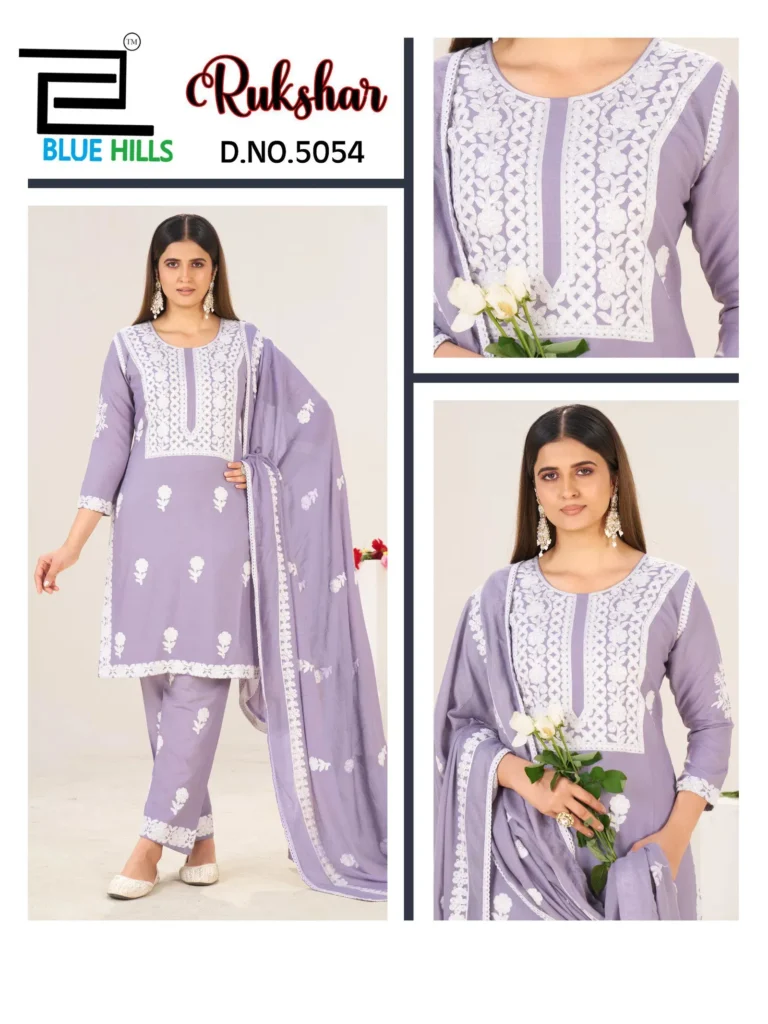 Latest Blue Hills Rukshar Rayon With Threadwork Kurti Pant And Dupatta Collection Wholesale 2026