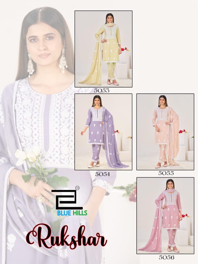 Latest Blue Hills Rukshar Rayon With Threadwork Kurti Pant And Dupatta Collection Wholesale 2026