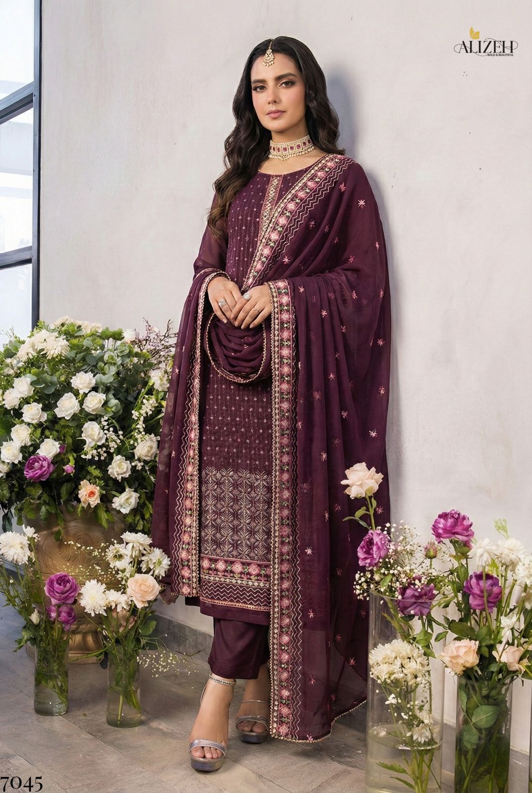 Alizeh 7045 Georgette With Work Kurti Pant And Dupatta Collection Wholesale