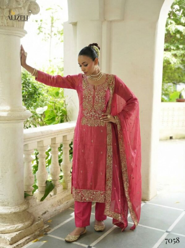 Latest Alizeh 7058 To 7061 Shimmer Silk With Work Kurti Pant And Dupatta Wholesale 2026