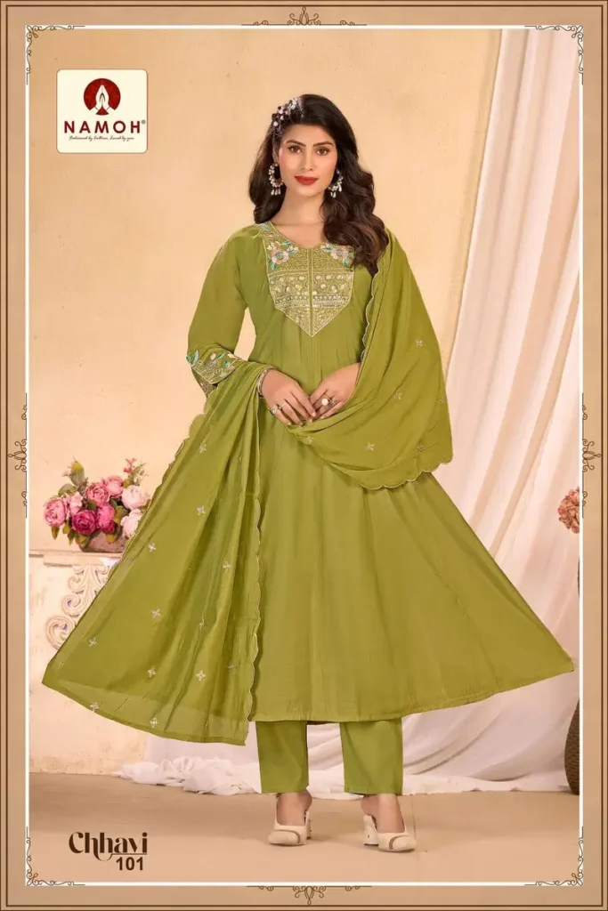 Launching Namoh Chhavi Mal Chanderi Anarkali Style Kurti Pant And Dupatta Wholesale 2026