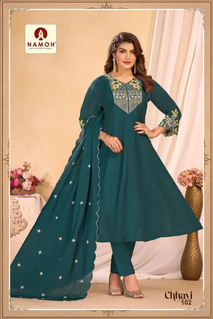 Launching Namoh Chhavi Mal Chanderi Anarkali Style Kurti Pant And Dupatta Wholesale 2026