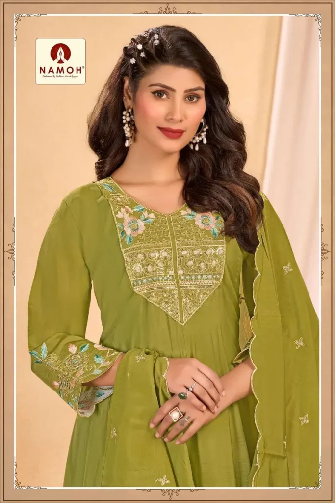Launching Namoh Chhavi Mal Chanderi Anarkali Style Kurti Pant And Dupatta Wholesale 2026