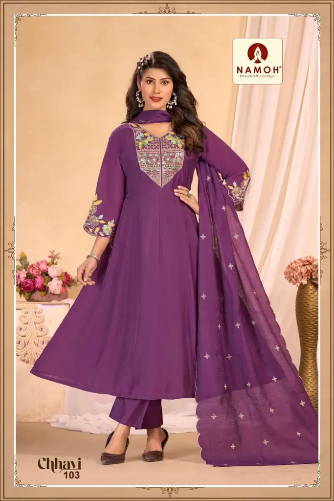 Launching Namoh Chhavi Mal Chanderi Anarkali Style Kurti Pant And Dupatta Wholesale 2026