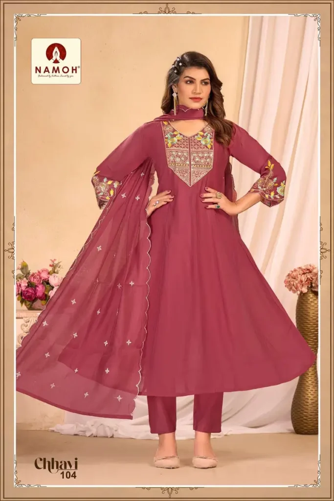 Launching Namoh Chhavi Mal Chanderi Anarkali Style Kurti Pant And Dupatta Wholesale 2026