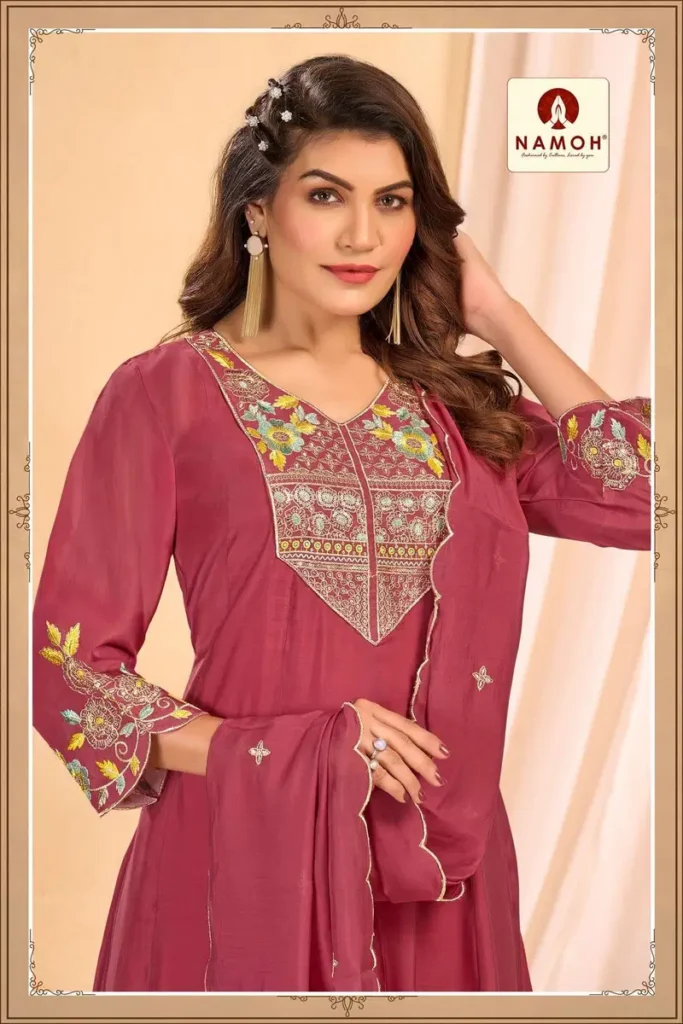 Launching Namoh Chhavi Mal Chanderi Anarkali Style Kurti Pant And Dupatta Wholesale 2026