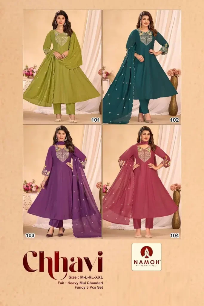 Launching Namoh Chhavi Mal Chanderi Anarkali Style Kurti Pant And Dupatta Wholesale 2026