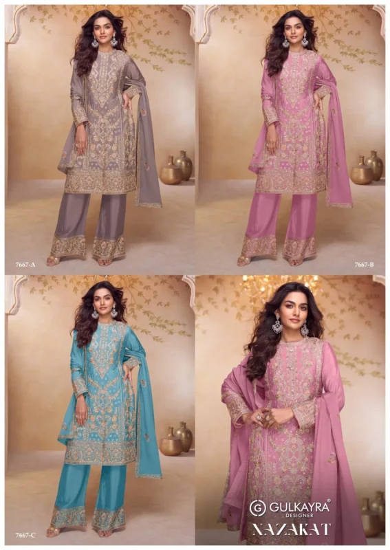 Beautiful Gulkayra Nazakat Chinon With Embroidery Work Top Bottom And Dupatta Wholesale 2026