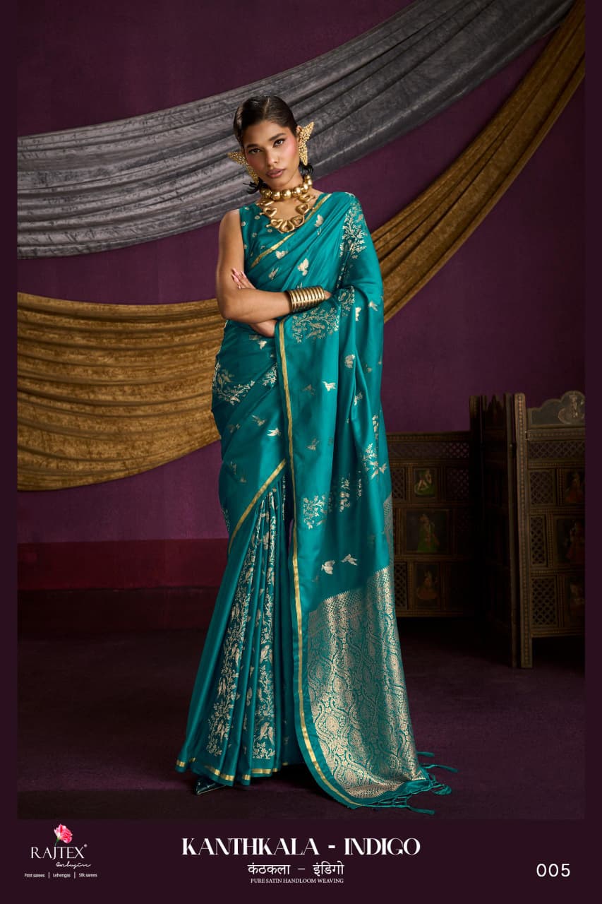 Beautiful Rajtex Kanthkala Indigo Satin Handloom Weaving Saree Collection Wholesale 2026