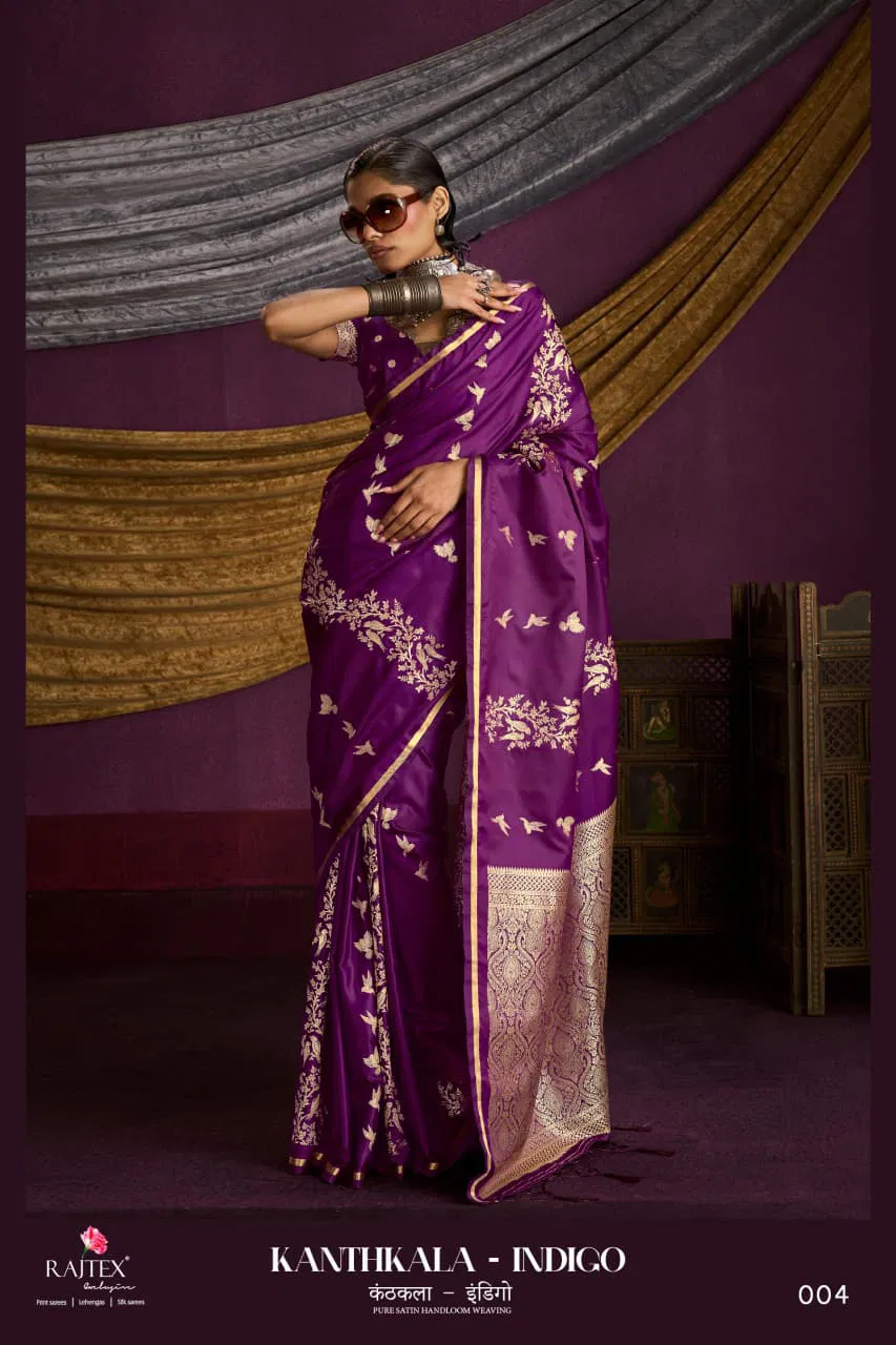 Beautiful Rajtex Kanthkala Indigo Satin Handloom Weaving Saree Collection Wholesale 2026