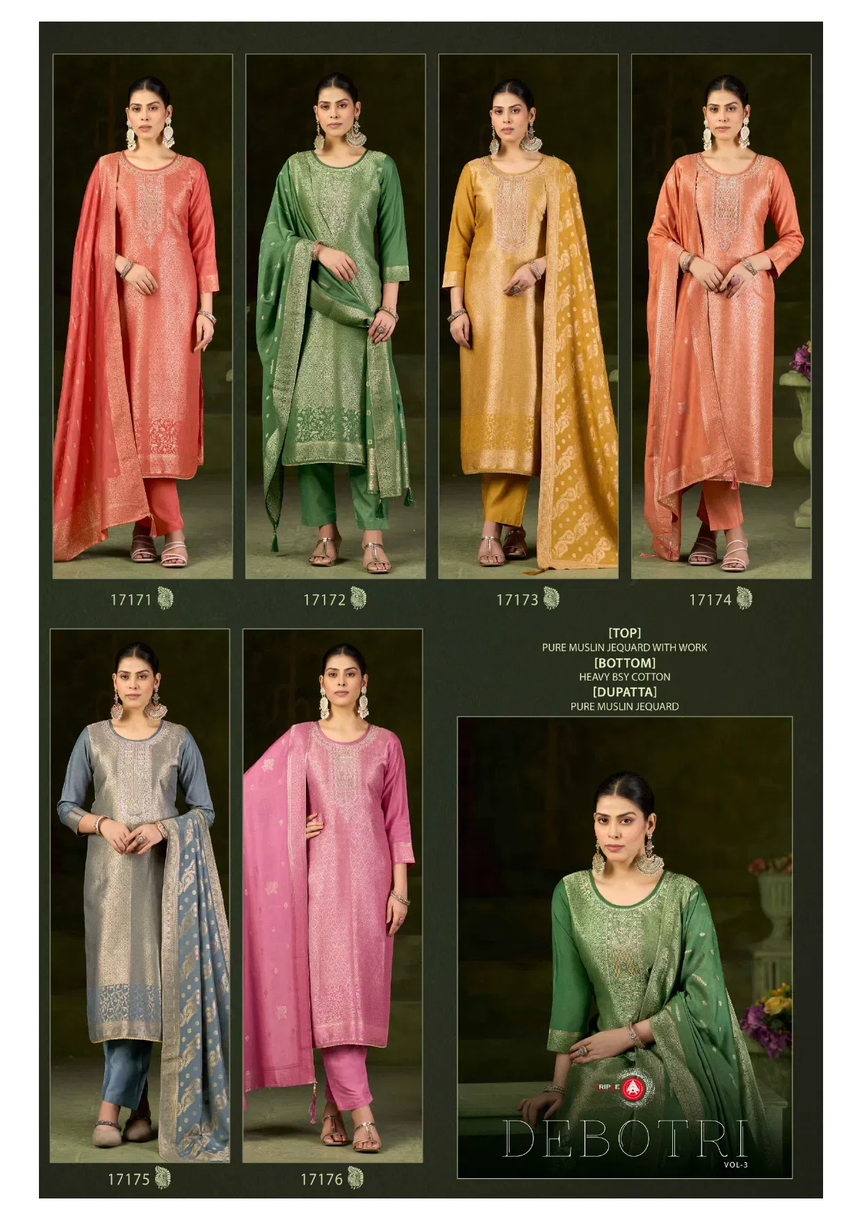 Buy Triple Aaa Debotri Vol 3 Maslin Jacquard With Work Dress Material Collection Wholesale 2026