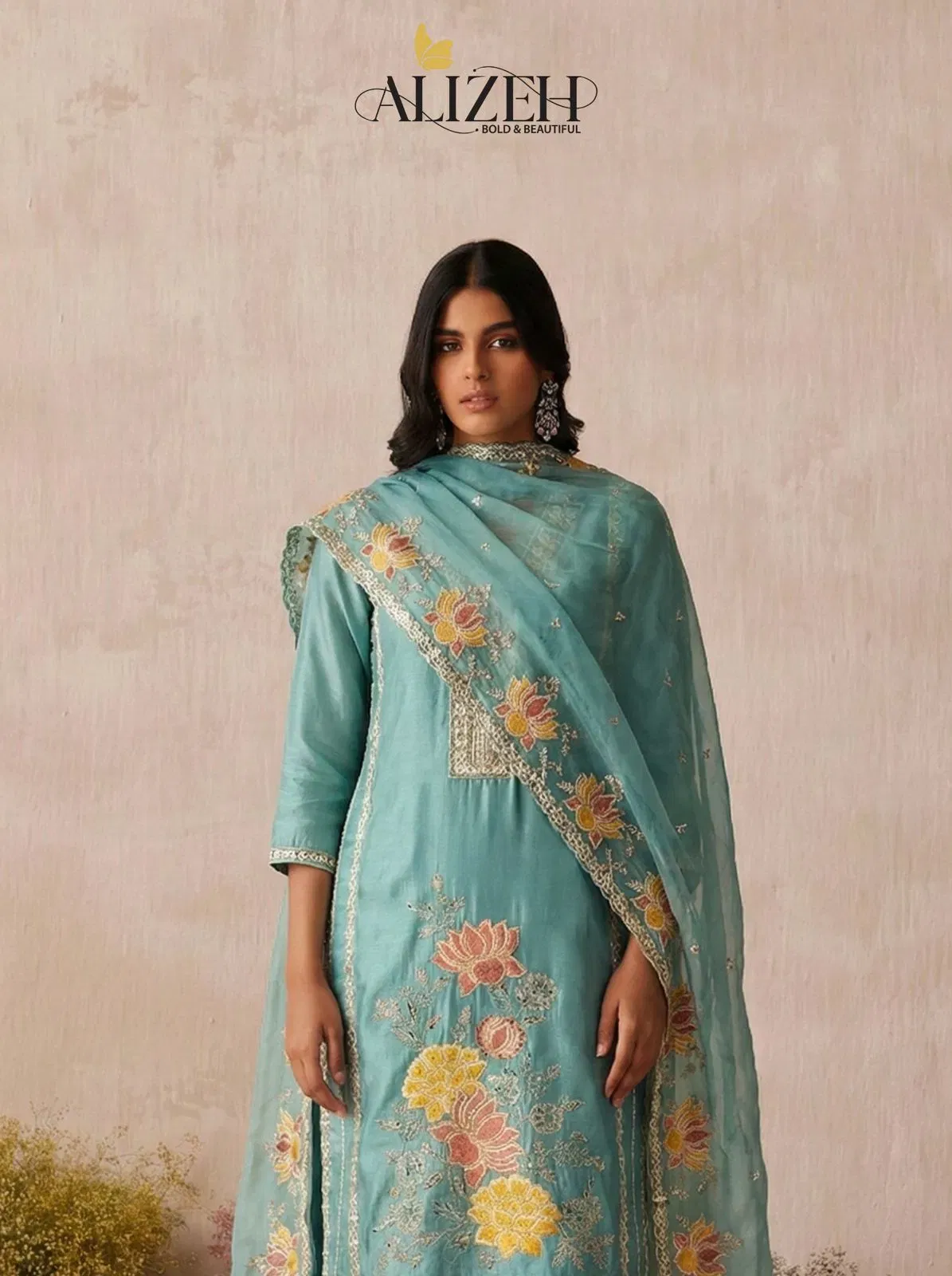 Alizeh 7073 To 7076 Shimmer Silk Woth Work Top Bottom And Dupatta Collection Wholesale