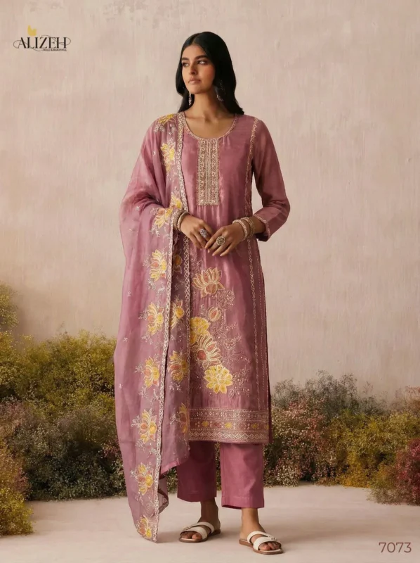 Latest Alizeh 7073 To 7076 Shimmer Silk Woth Work Top Bottom And Dupatta Collection Wholesale 2026