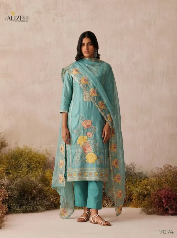 Latest Alizeh 7073 To 7076 Shimmer Silk Woth Work Top Bottom And Dupatta Collection Wholesale 2026