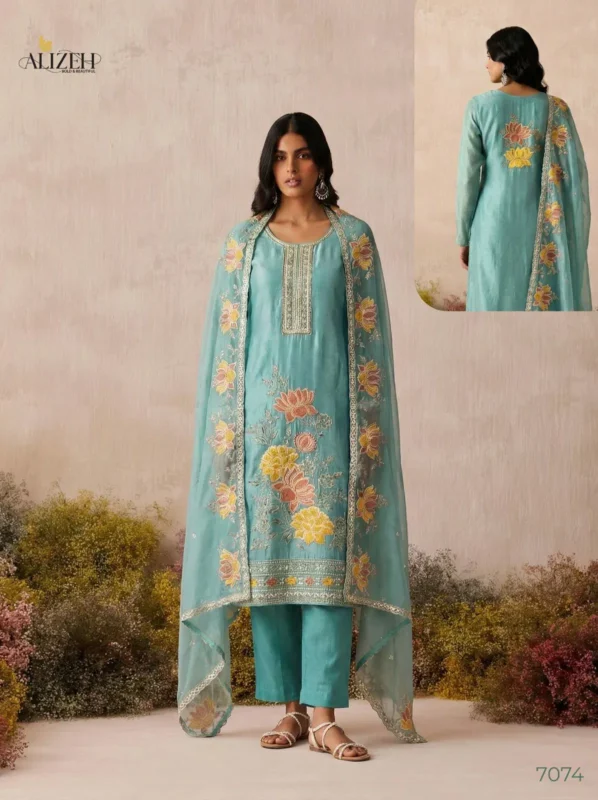 Latest Alizeh 7073 To 7076 Shimmer Silk Woth Work Top Bottom And Dupatta Collection Wholesale 2026