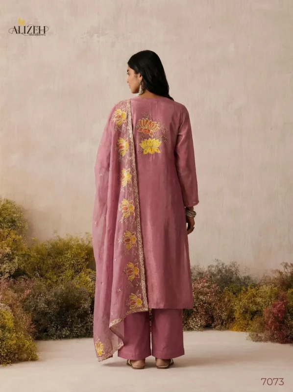 Latest Alizeh 7073 To 7076 Shimmer Silk Woth Work Top Bottom And Dupatta Collection Wholesale 2026