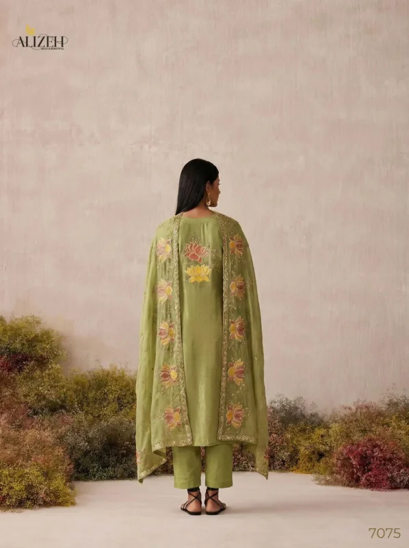 Latest Alizeh 7073 To 7076 Shimmer Silk Woth Work Top Bottom And Dupatta Collection Wholesale 2026