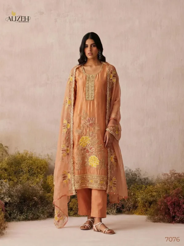 Latest Alizeh 7073 To 7076 Shimmer Silk Woth Work Top Bottom And Dupatta Collection Wholesale 2026