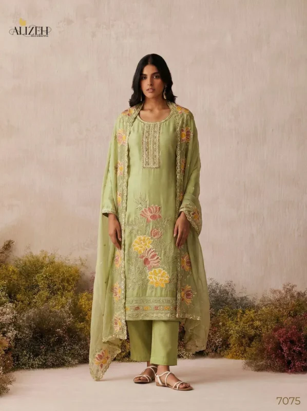 Latest Alizeh 7073 To 7076 Shimmer Silk Woth Work Top Bottom And Dupatta Collection Wholesale 2026