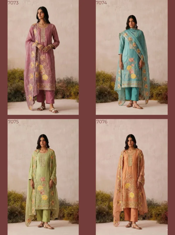 Latest Alizeh 7073 To 7076 Shimmer Silk Woth Work Top Bottom And Dupatta Collection Wholesale 2026