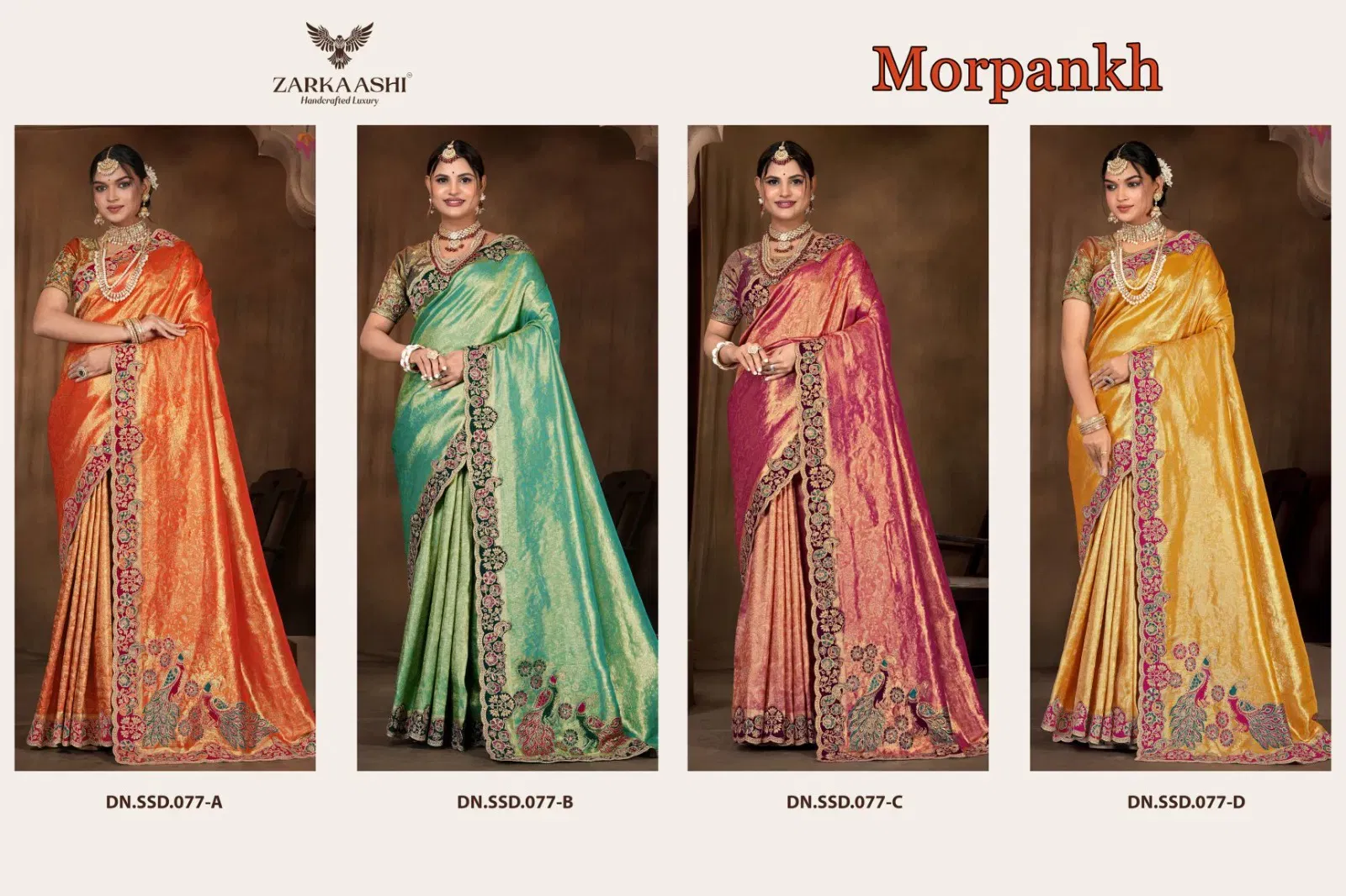 Beautiful Zarkaashi Morpankh Nylone Tissue Traditional Wear Saree Collection Wholesale 2026
