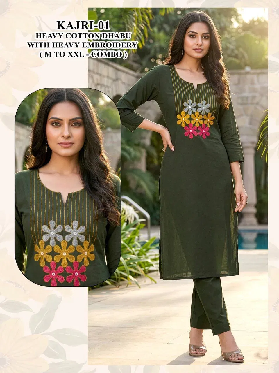Beautiful Kajri Vol 1 Dhabu Cotton Embroidery Kurti And Bottom Collection Wholesale 2026
