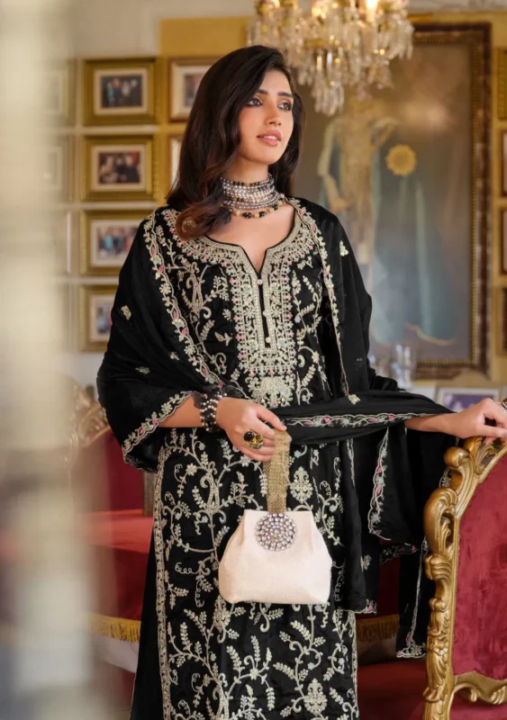 Stylish Eba Sangit Black And White Chinon Embroidery Top Bottom And Dupatta Collection Wholesale 2026