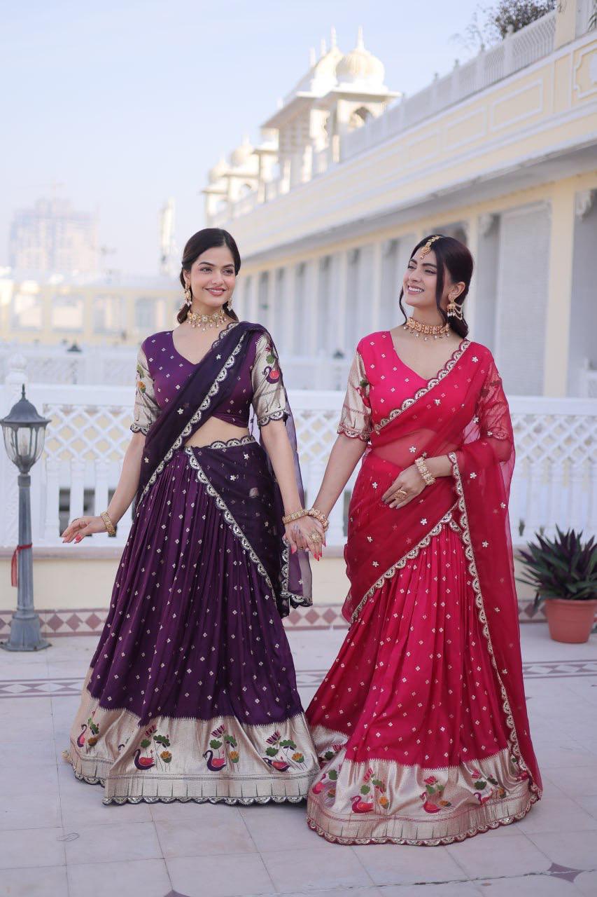 NCO 4 Dola Silk Meena Weaving Sequins Coding Embroidery Lehenga Choli Wholesale