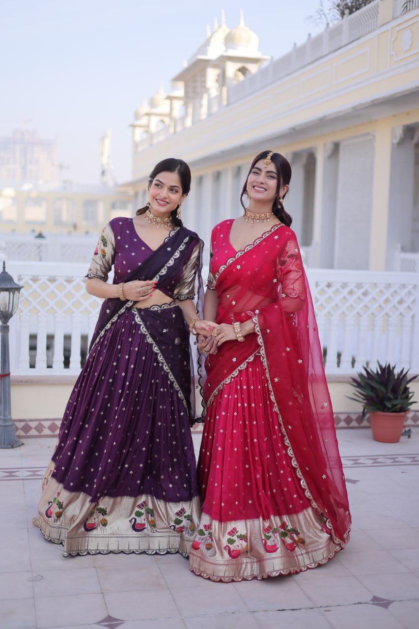 Stylish NCO 4 Dola Silk Meena Weaving Sequins Coding Embroidery Lehenga Choli Wholesale 2026