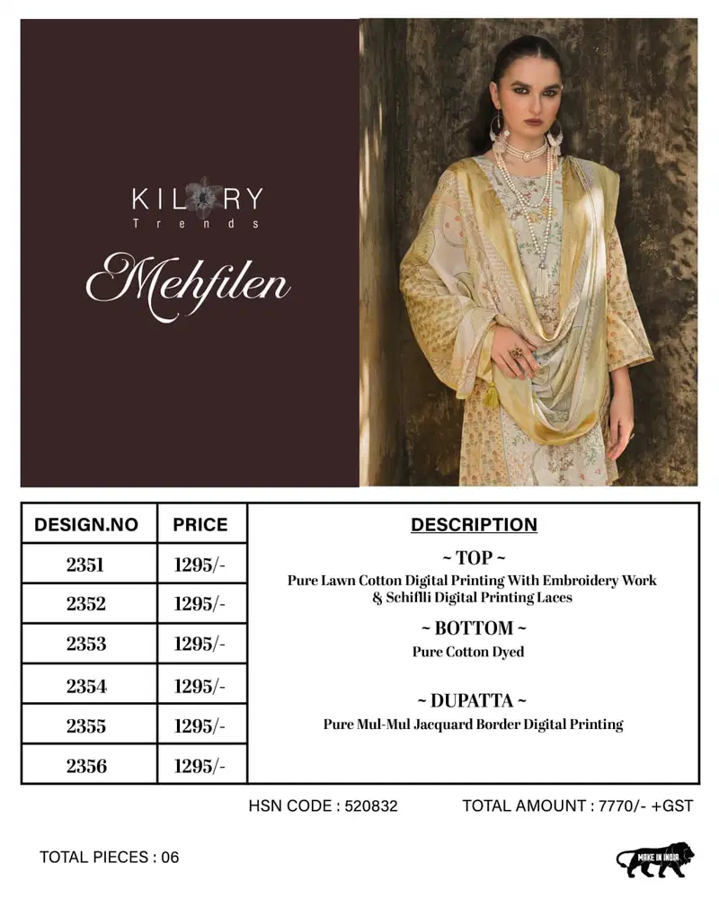 Stylish Kilory Mehfilen Lawn Cotton Digital Print With Embroidery Salwar Kameez Wholesale 2026