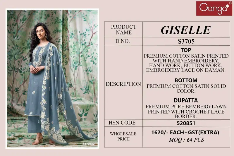 Stylish Ganga Giselle 3705 Cotton Satin Printed With Handwork Dress Material Wholesale 2026