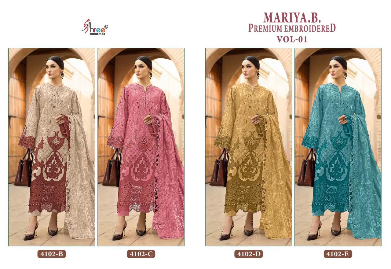 Beautiful Shree Mariya B Premium Embroidered 4102 Cotton Dupatta Pakistani Suits Wholesale 2026