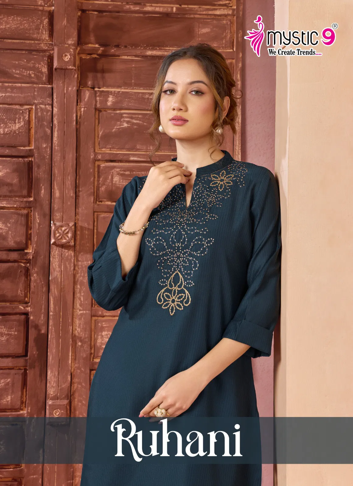 Mystic 9 Ruhani Vol 1 Premium Dyed Berlin With Collar Top With Bottom Collection Wholesale