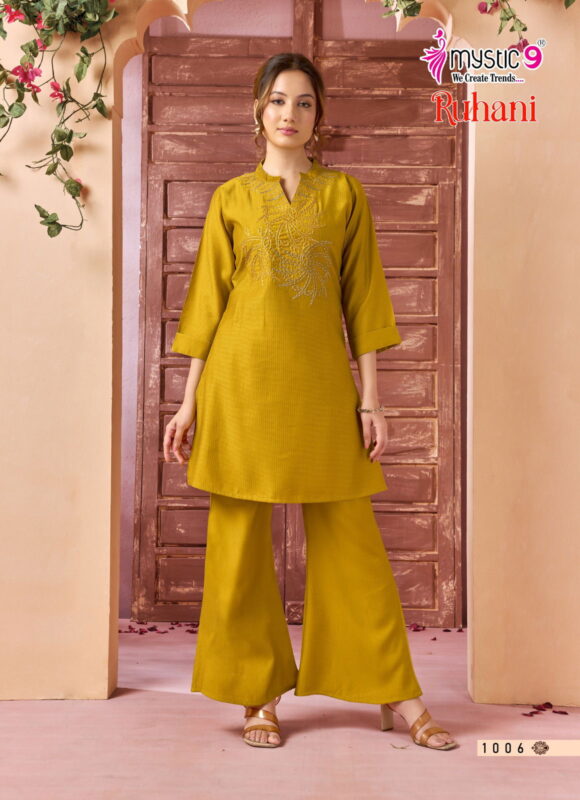 Stylish Mystic 9 Ruhani Vol 1 Premium Dyed Berlin With Collar Top With Bottom Collection Wholesale 2026