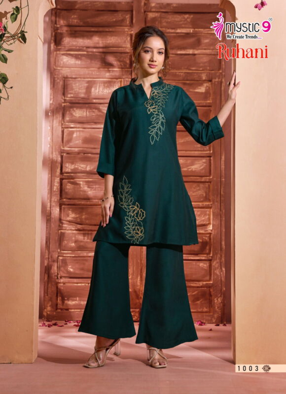 Stylish Mystic 9 Ruhani Vol 1 Premium Dyed Berlin With Collar Top With Bottom Collection Wholesale 2026