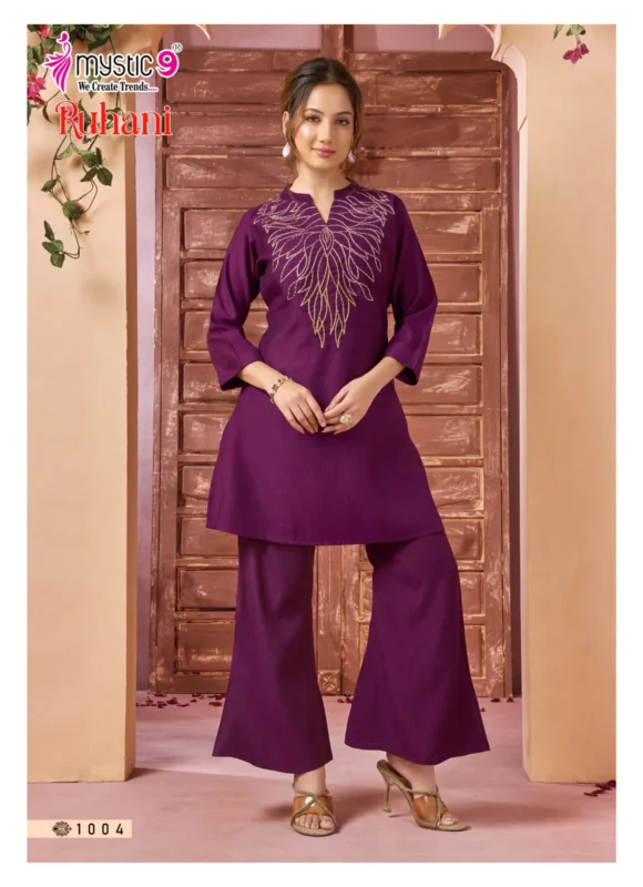 Stylish Mystic 9 Ruhani Vol 1 Premium Dyed Berlin With Collar Top With Bottom Collection Wholesale 2026