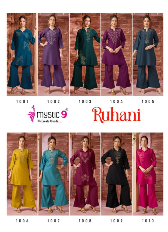 Stylish Mystic 9 Ruhani Vol 1 Premium Dyed Berlin With Collar Top With Bottom Collection Wholesale 2026