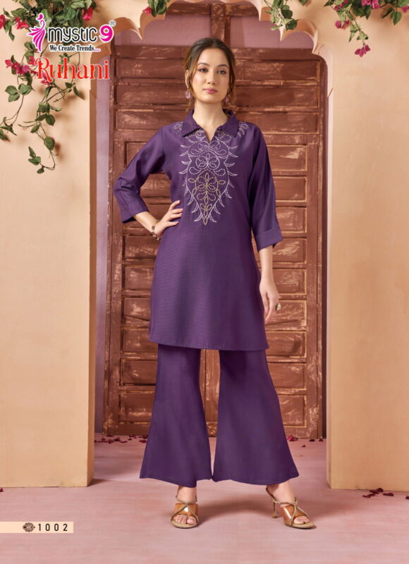 Stylish Mystic 9 Ruhani Vol 1 Premium Dyed Berlin With Collar Top With Bottom Collection Wholesale 2026