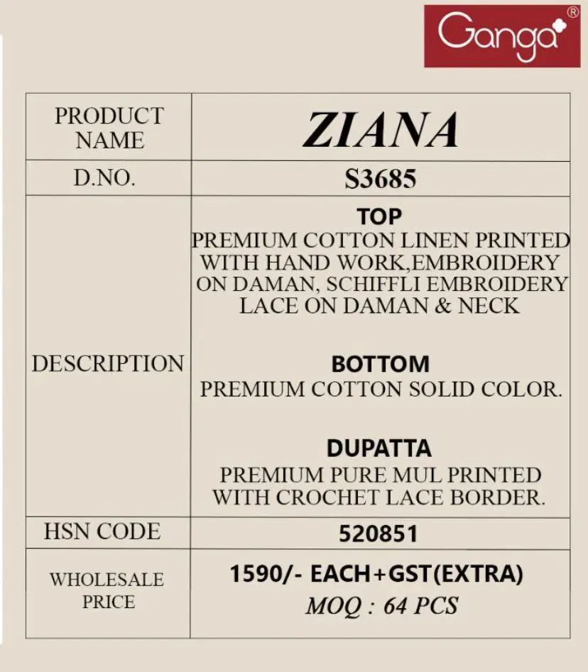Beautiful Ganga Ziana 3685 Cotton Linen Printed With Handwork Dress Material Wholesale 2026