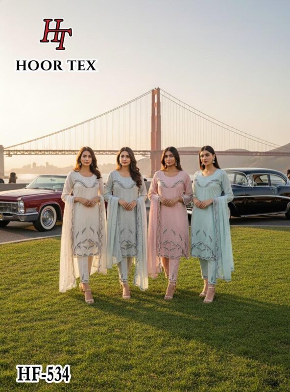 Stylish Hoor Tex HF 534 A to D Heavy Georgette With Zarkan Work Readymade Collection Wholesale 2026