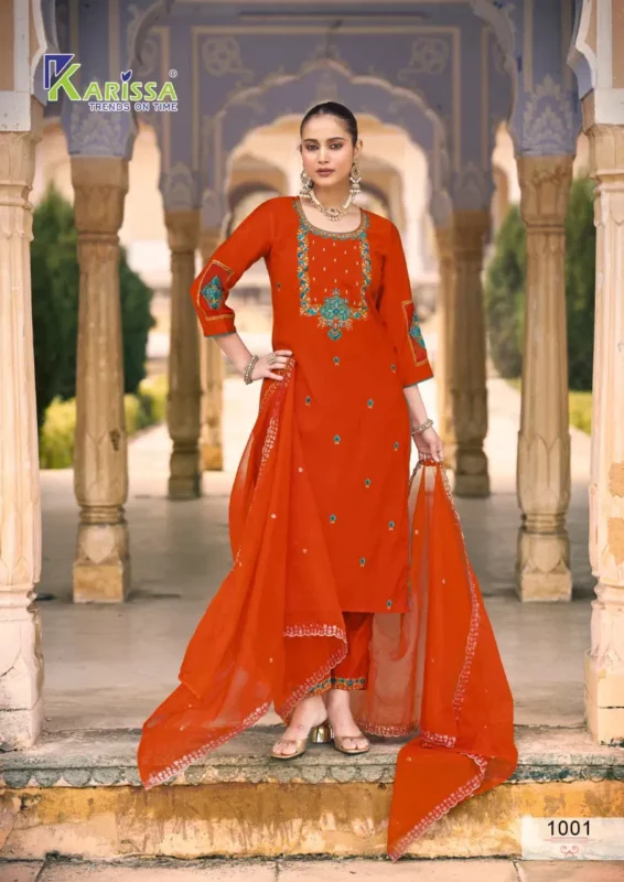 Buy Karissa Goldy Viscose Gadhwal Threadwork Kurti Pant And Dupatta Collection Wholesale 2026