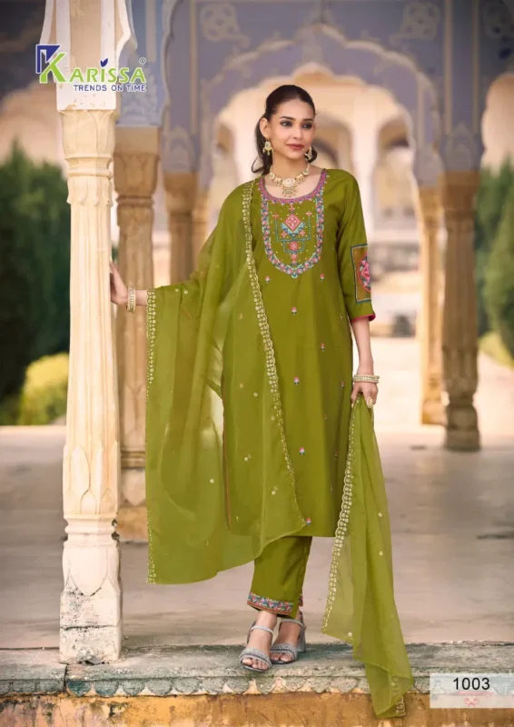 Buy Karissa Goldy Viscose Gadhwal Threadwork Kurti Pant And Dupatta Collection Wholesale 2026