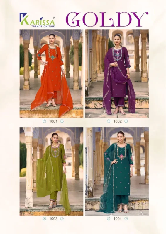 Buy Karissa Goldy Viscose Gadhwal Threadwork Kurti Pant And Dupatta Collection Wholesale 2026