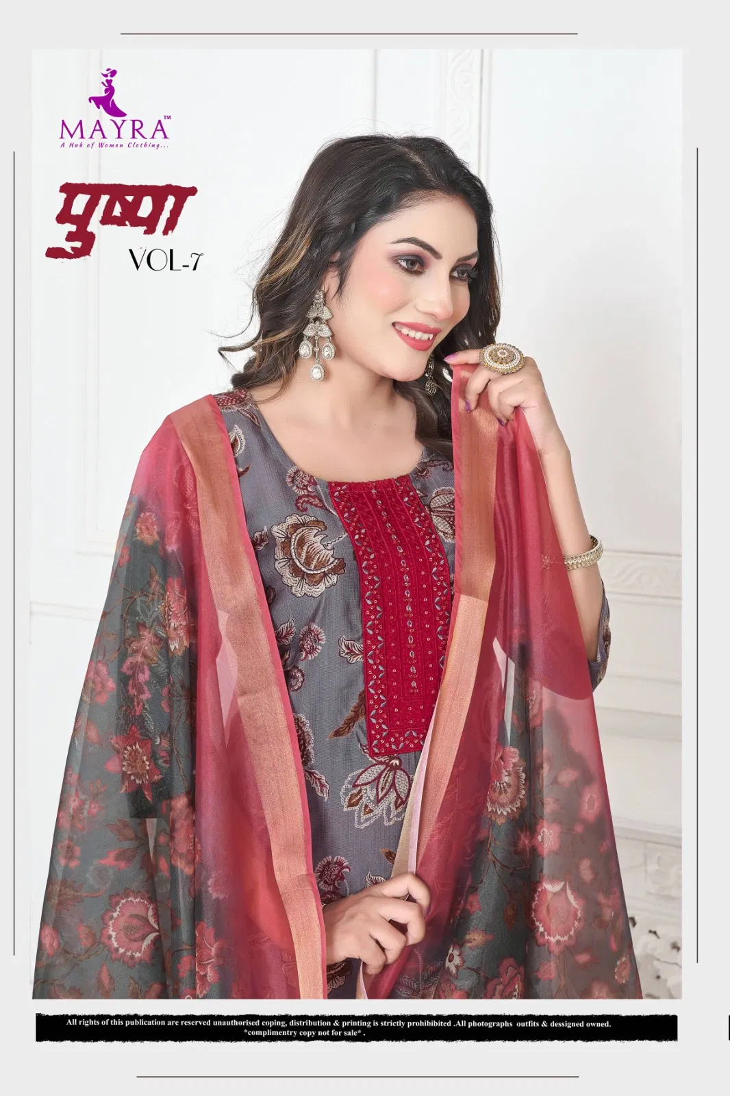 Mayra Pushpa 7 Vertican Print With Sequence Embroidery Top With Bottom And Dupatta Collection Wholesale