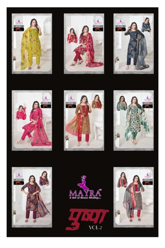 Stylish Mayra Pushpa 7 Vertican Print With Sequence Embroidery Top With Bottom And Dupatta Collection Wholesale 2026