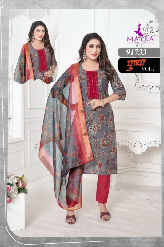 Stylish Mayra Pushpa 7 Vertican Print With Sequence Embroidery Top With Bottom And Dupatta Collection Wholesale 2026
