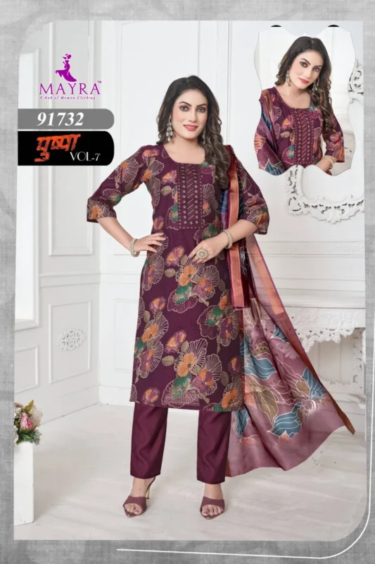 Stylish Mayra Pushpa 7 Vertican Print With Sequence Embroidery Top With Bottom And Dupatta Collection Wholesale 2026