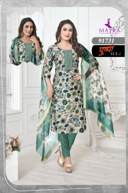 Stylish Mayra Pushpa 7 Vertican Print With Sequence Embroidery Top With Bottom And Dupatta Collection Wholesale 2026