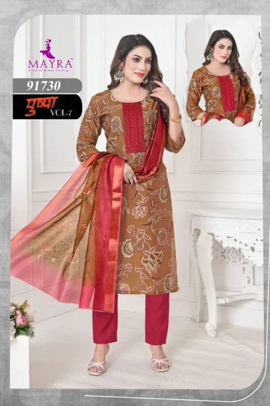 Stylish Mayra Pushpa 7 Vertican Print With Sequence Embroidery Top With Bottom And Dupatta Collection Wholesale 2026