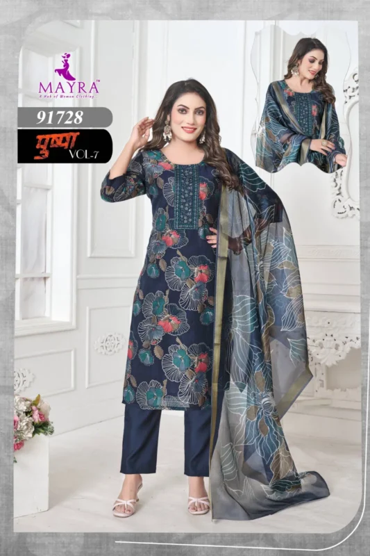 Stylish Mayra Pushpa 7 Vertican Print With Sequence Embroidery Top With Bottom And Dupatta Collection Wholesale 2026